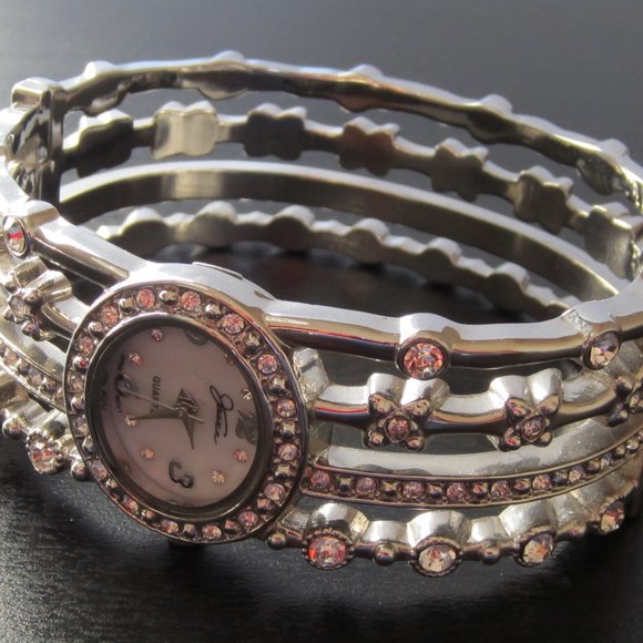 Fancy Bangle Watch Hinged Bracelet with MOP dial and Rhinestones - Picture 6 of 11